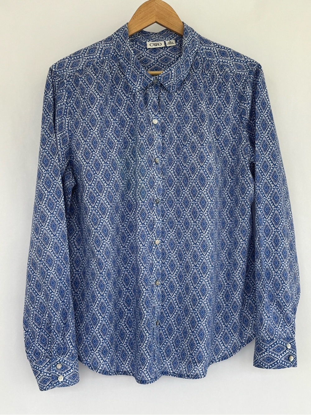 Blue/ white, geometric ( diamond) print, 100% cotton blouse, xlarge